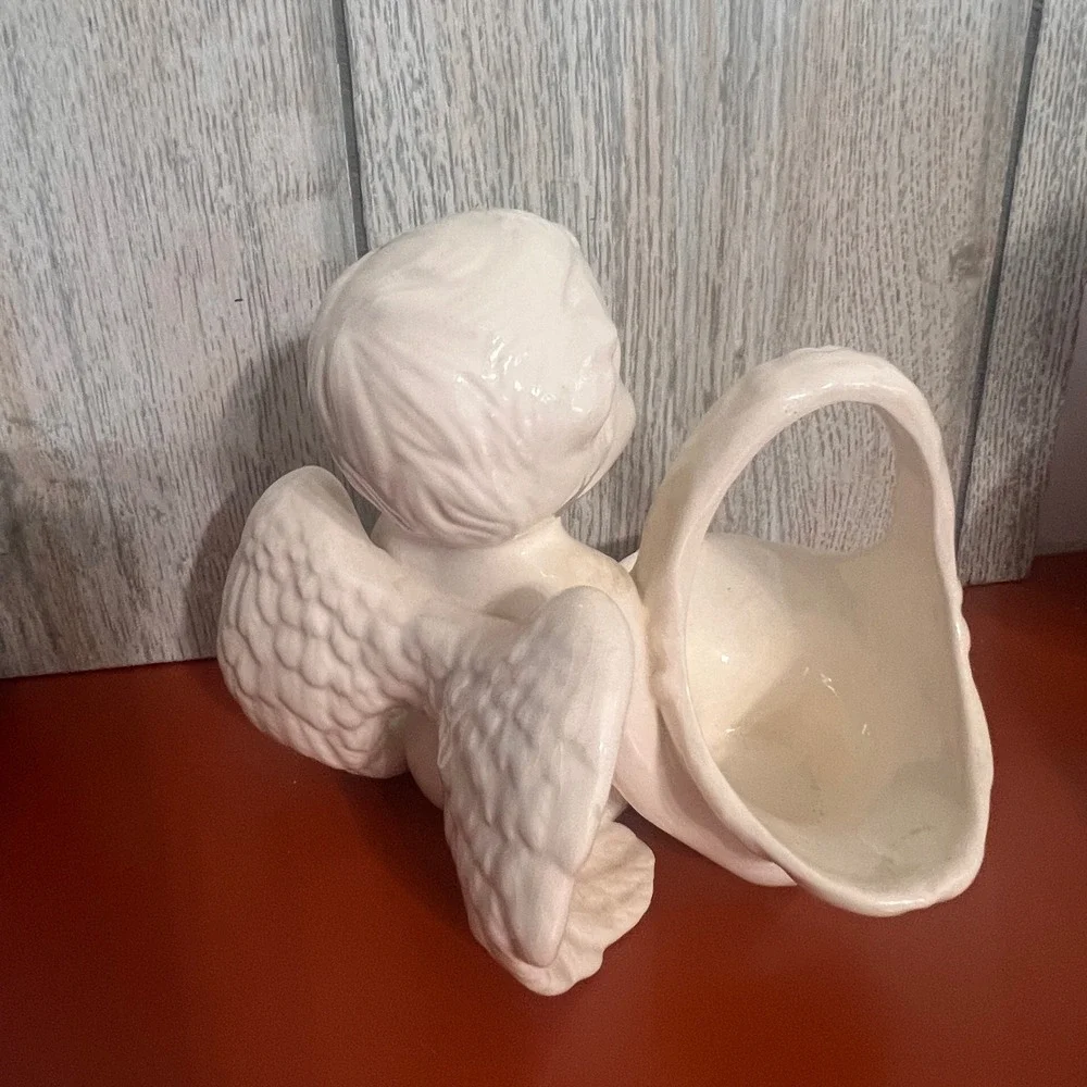 Vintage Ceramic Cherub Angel Figurine Planter Basket Trinket Dish Cream White